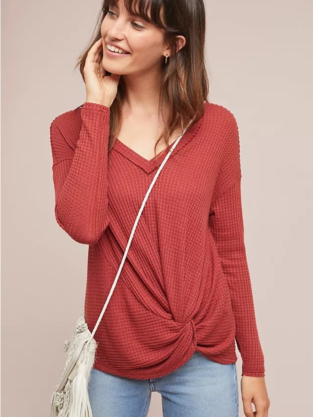 Anthropologie Akemi + Kin Women's Waffle Knit Twist-Front Long Sleeve Top - Rust